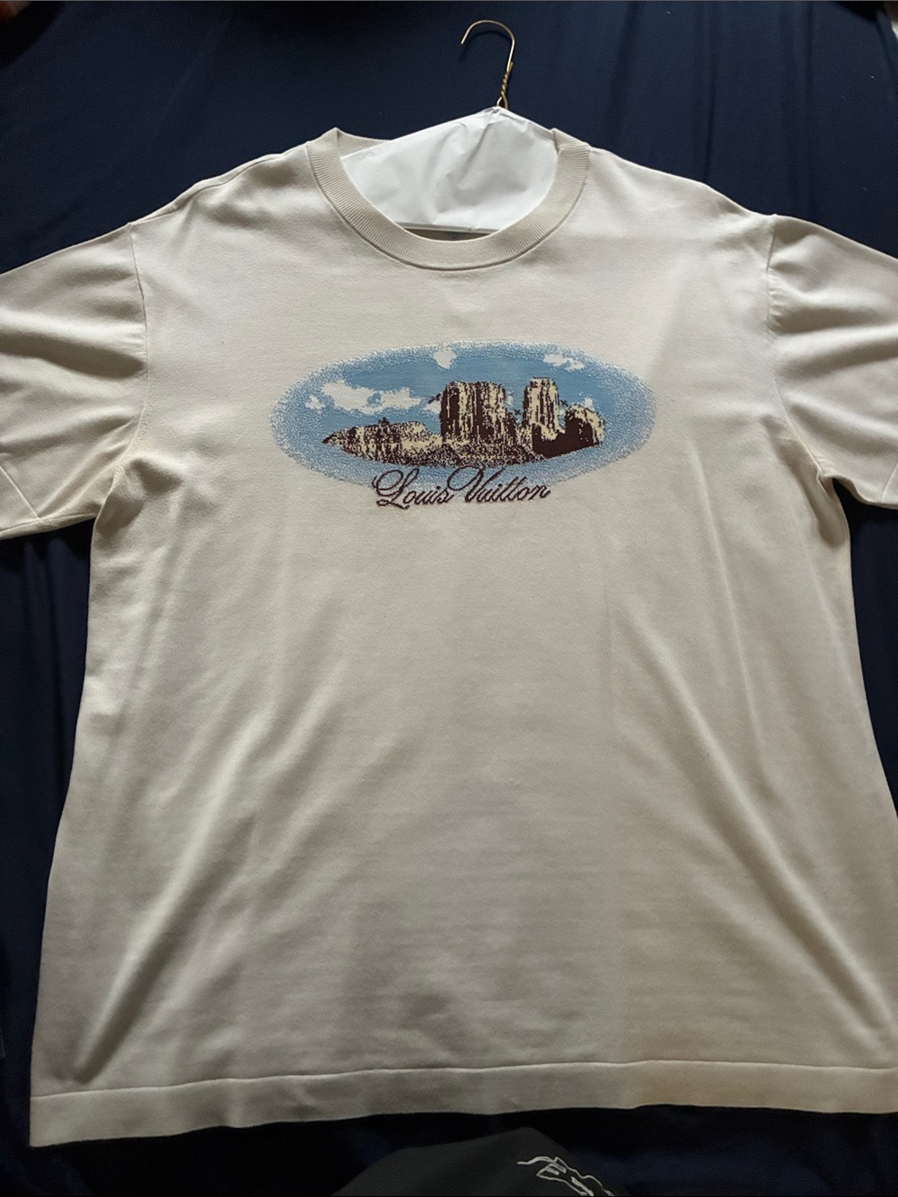 Louis Vuitton Cream Short-Sleeve Tee with Blue and Brown Scenic Graphic